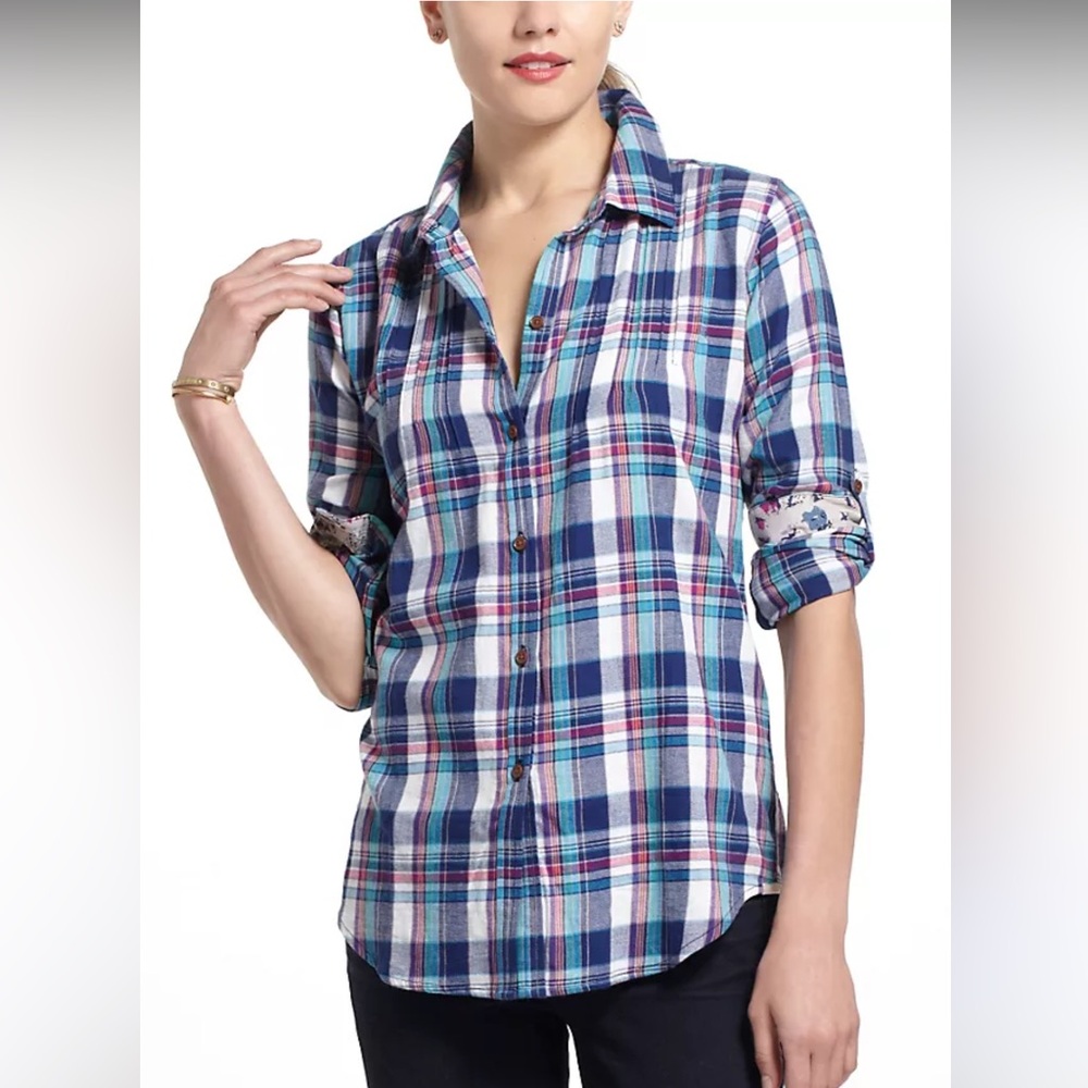 Anthoropologie Birds of Paradise Troveta Pintucked Flannel Buttondown